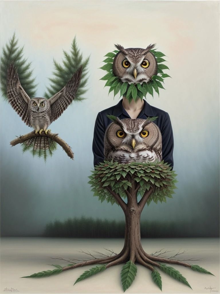 Surrealistic painting with owls