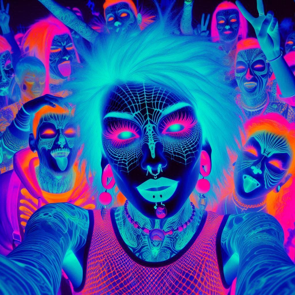 kirlian photo. photo negative inverted color, inverted shading glorified prismatic aura, aurora. club kids in a rave club in the style of le...