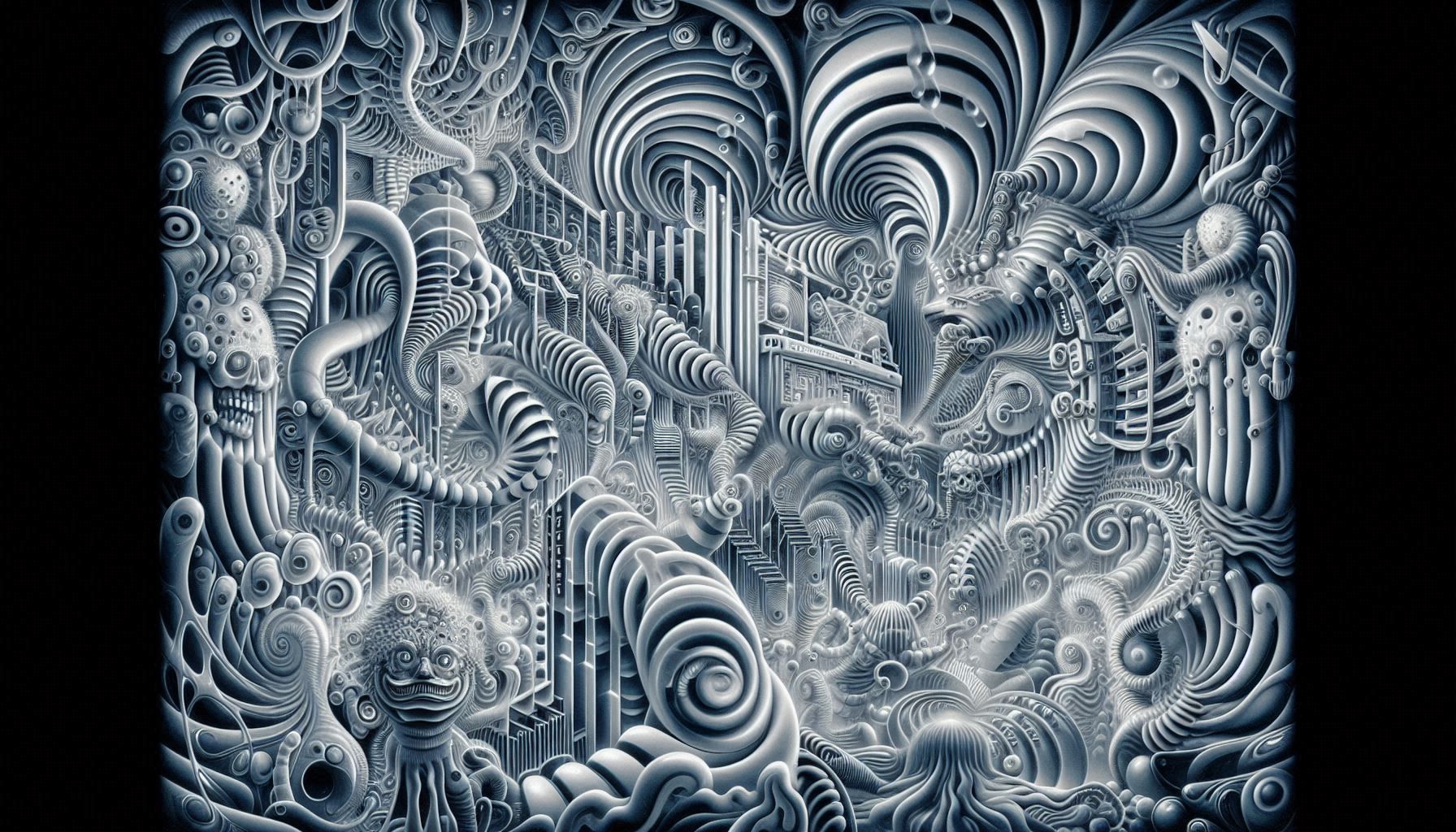 x-ray illusion, inverted highlights and shadows, transparency, distorted image prismatic antique vintage 1950s 3-d art refraction split colo...