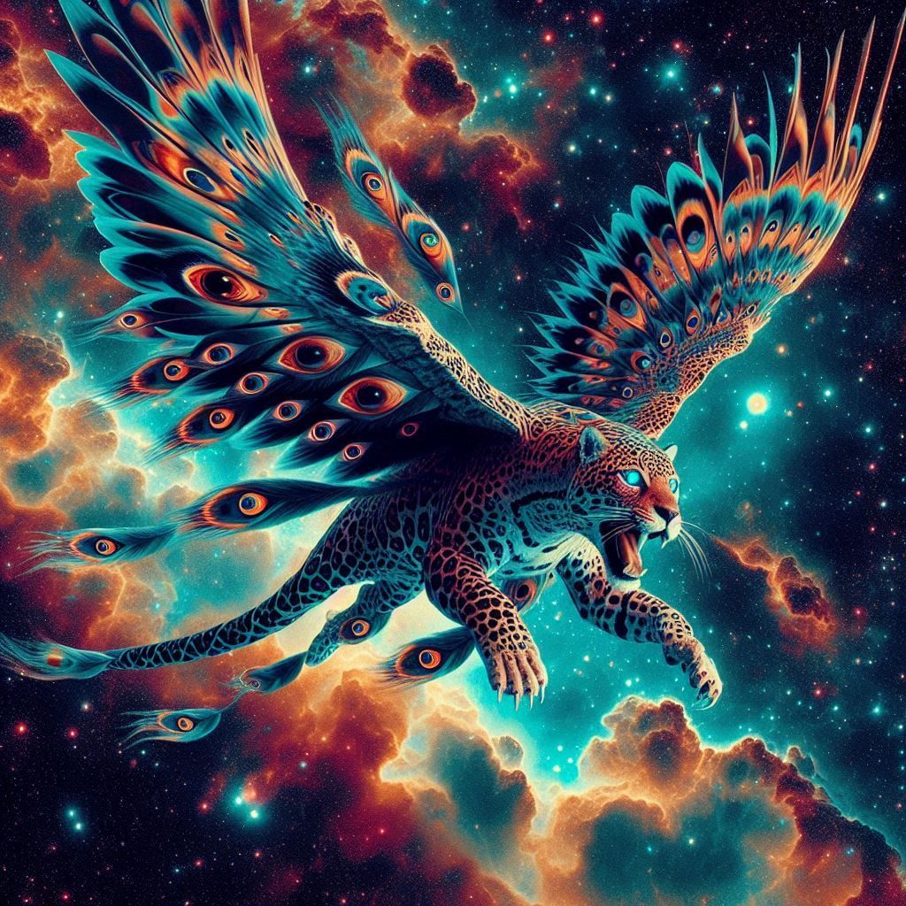 color photo negatives, inverted color, inverted shading, overhead view of flying jaguar with eight eyes, and each feather ends to become a s...