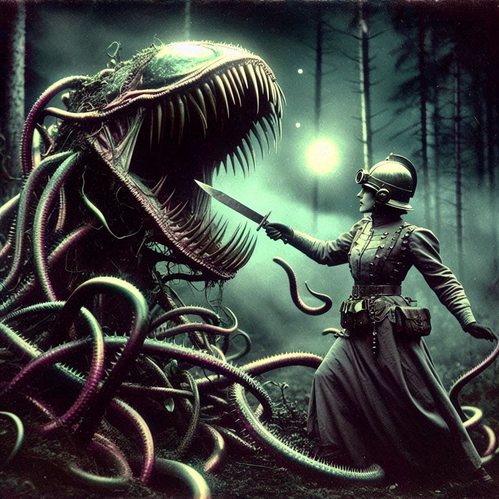 Leutnantin Jinjur of Oz fights a Doctor Eggplant's carnivorous plant minions