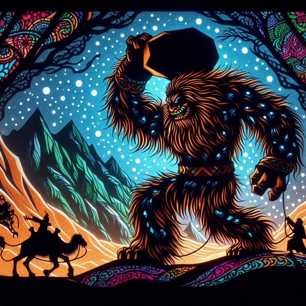 silhouette colored lighting detailed cutout, lacy shadow puppets, three color psychedelic backlighting of cutout figures. A brutal ogre gian...