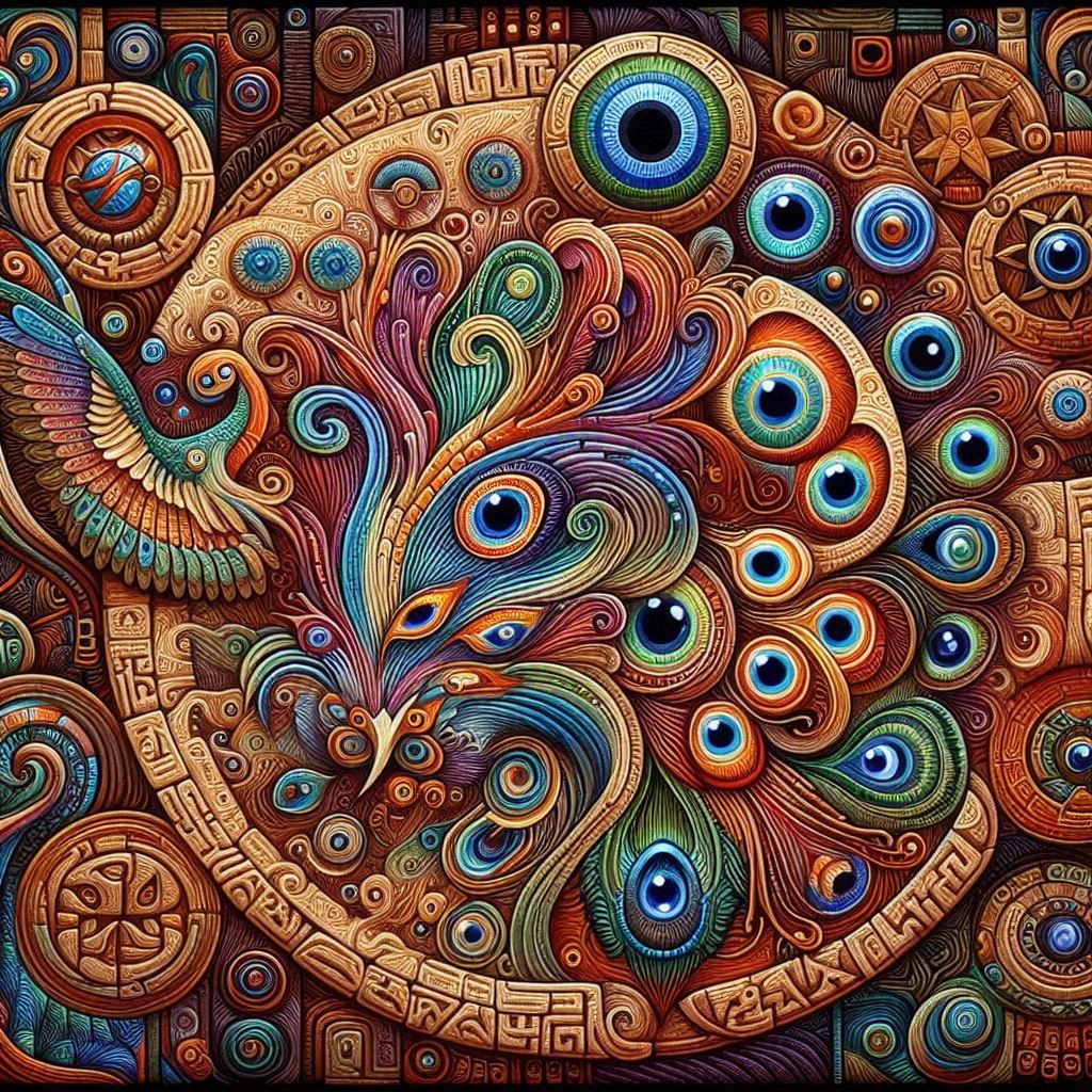 ancient temple relief and gargoyle, carved from ammolite  sparkling prismatic gem-fire, garden at night, strange surreal night birds, hieron...