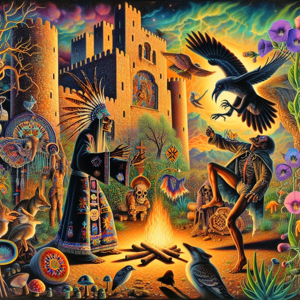 hallucinatory mexican folk art, symbolism, surreal dream imagery magical realism, a skinwalker fighting an azetec vampire by an old fortifie...