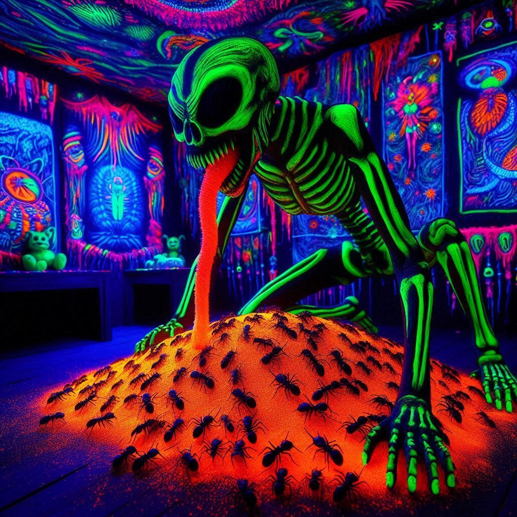 blacklight diorama in a blackened room, ultraviolet illuminates dayglo full room display, dramatic lighting and color play, glowing, decor i...