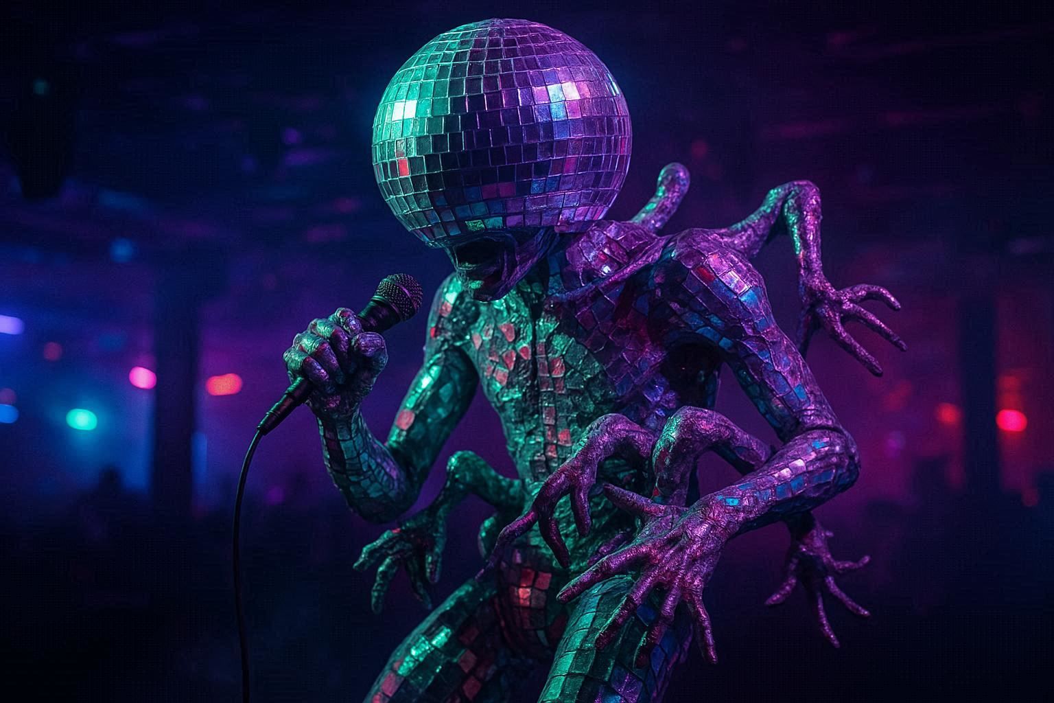 super creepy cursed disco with demons in the crowd. mutated android, covered entirely in mirrored tiles, disco ball head rotates. extra limb...