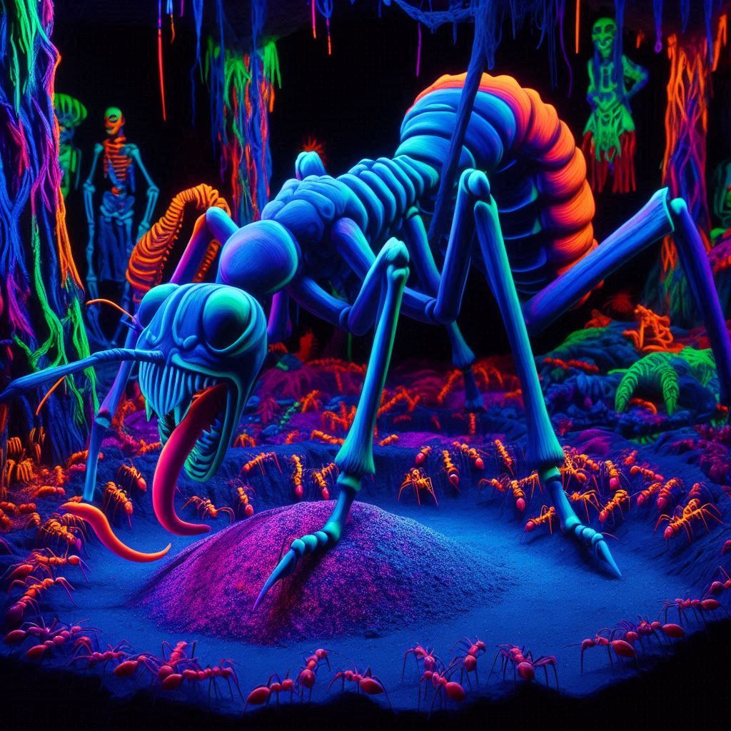 blacklight diorama in a blackened room, ultraviolet illuminates dayglo full room display, dramatic lighting and color play, glowing, decor i...