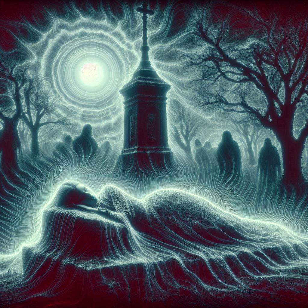 kirlian photo.color photo negative inverted color, inverted shading  eerie plasma coil effect rainbow total solar eclipse, a woman lies down...