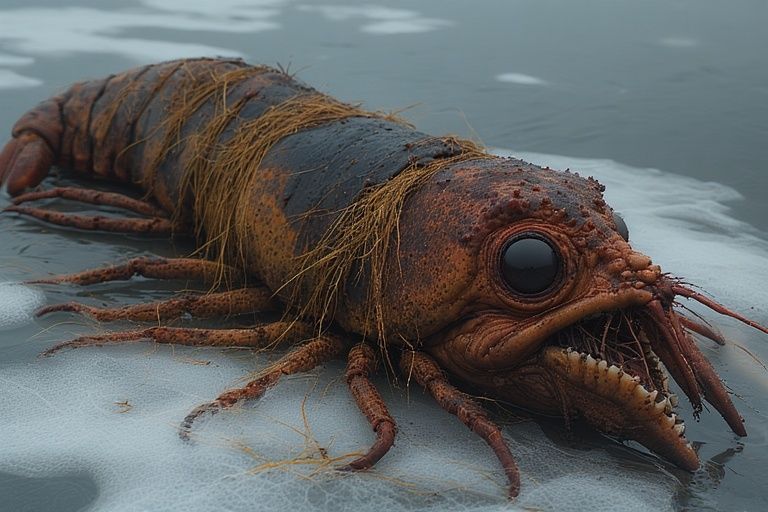 a crustacean monster slowly eating a human it has captured