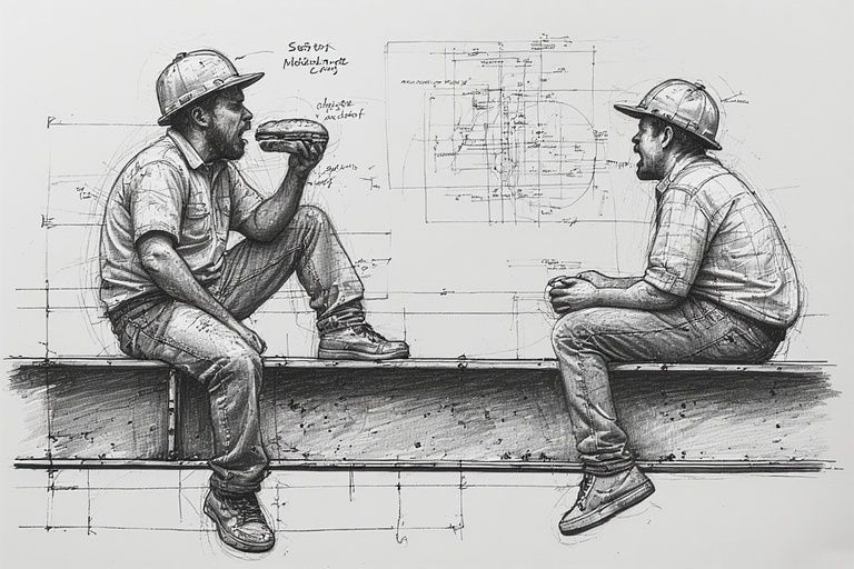 some moron jerk sitting on a steel girder eating a hoagie and choking as he yells at his slumped over apprentice.