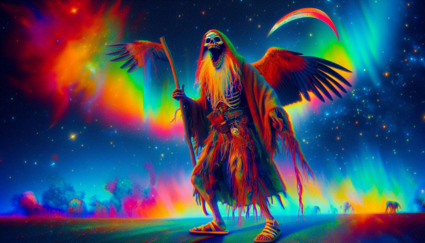 anamorphic lens effect, oblique angle, motion blur, color photo negatives, inverted color, inverted shading, glowing ultraviolet, polarized ...