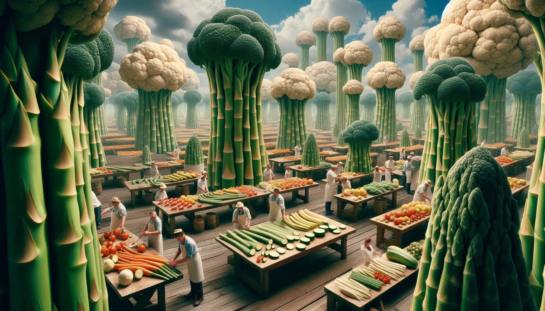 advertizement: "borometz farm grown meats" surreal distorted anamorphic lens effect, oblique angle, spin blur. orchard of giant vegetables.g...