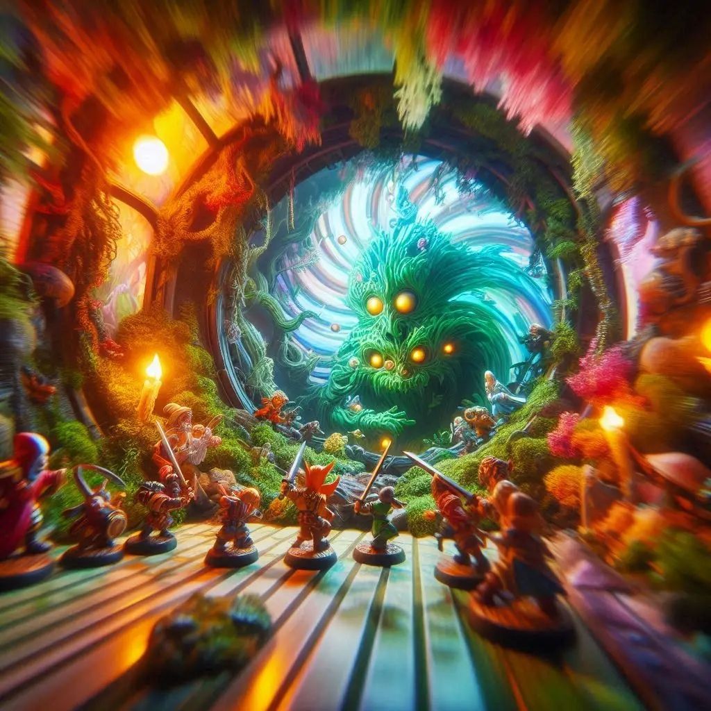 anamorphic lens effect, zoom blur, distorted warped funhouse mirror effect neon glow, a war between painted rpg figurines of goblins and dwa...