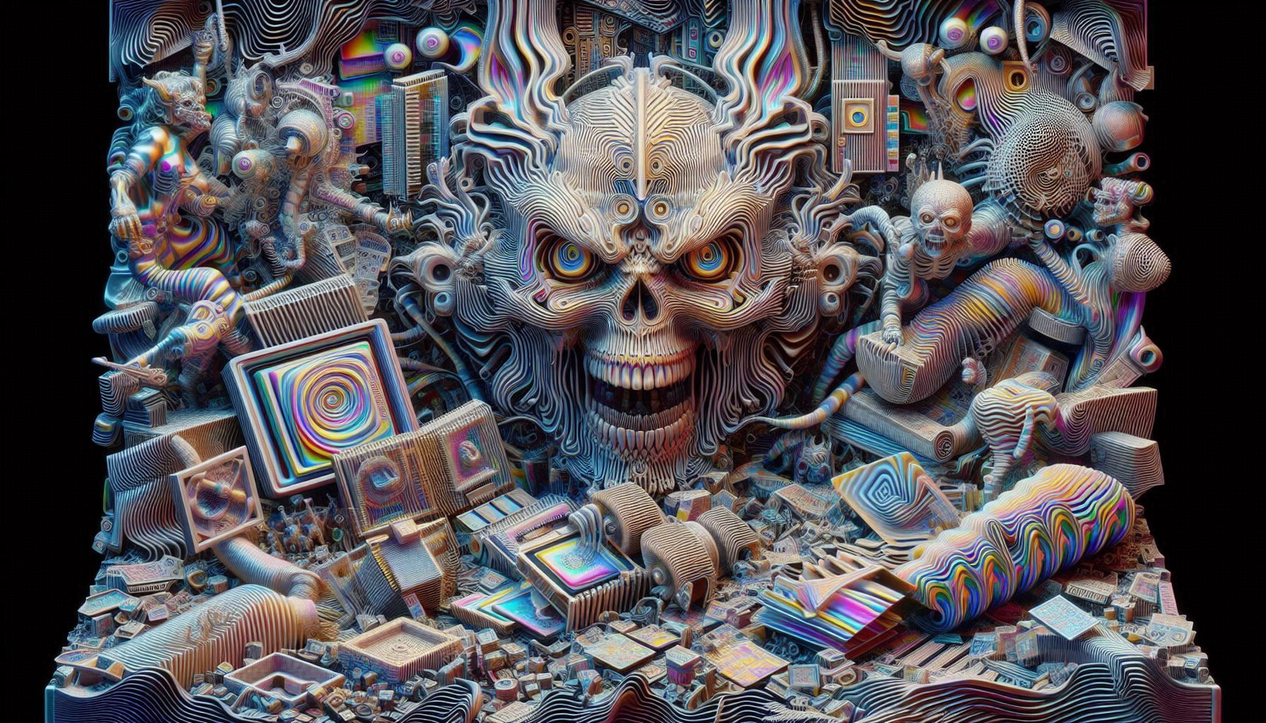 x-ray illusion, inverted highlights and shadows, transparency, distorted image prismatic antique vintage 1950s 3-d art refraction split colo...