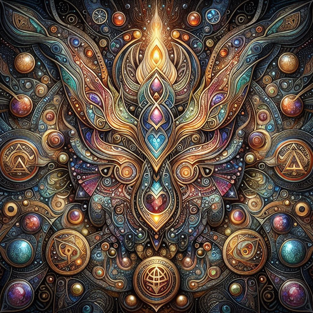 ancient temple relief and gargoyle, carved from ammolite  sparkling prismatic gem-fire, garden at night, strange surreal night birds, hieron...