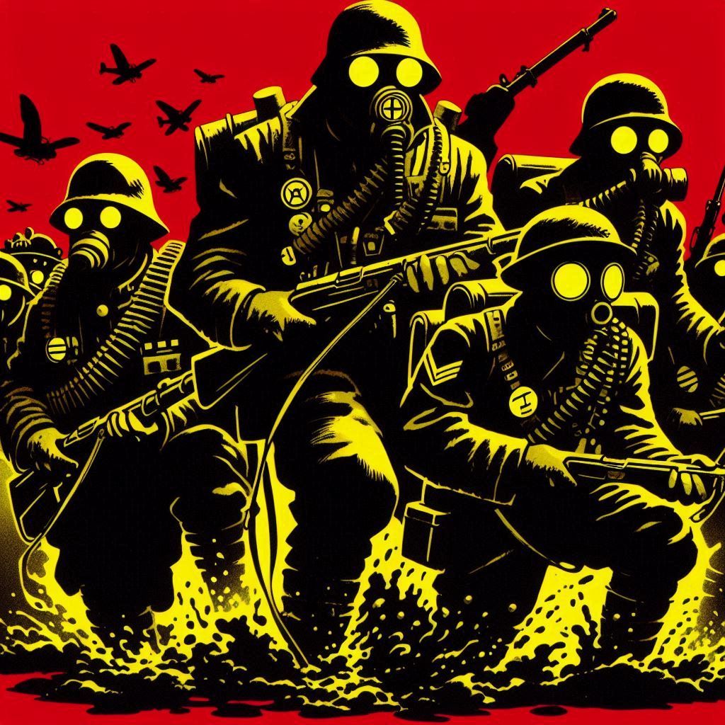 ralph bakshi animation cell rotoscoped orcs wearing gas masks and WWII uniforms slogging through the mud carrying steampunk rifles