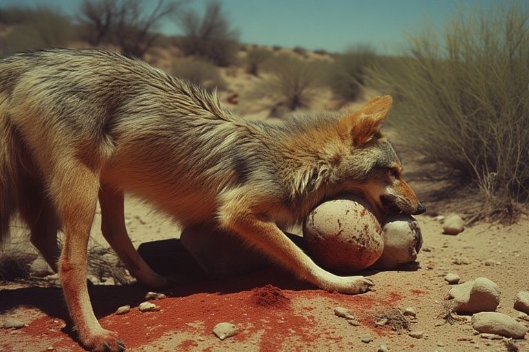 cursed sick mangy coyote licking the wounds of someone left to die in the desert.