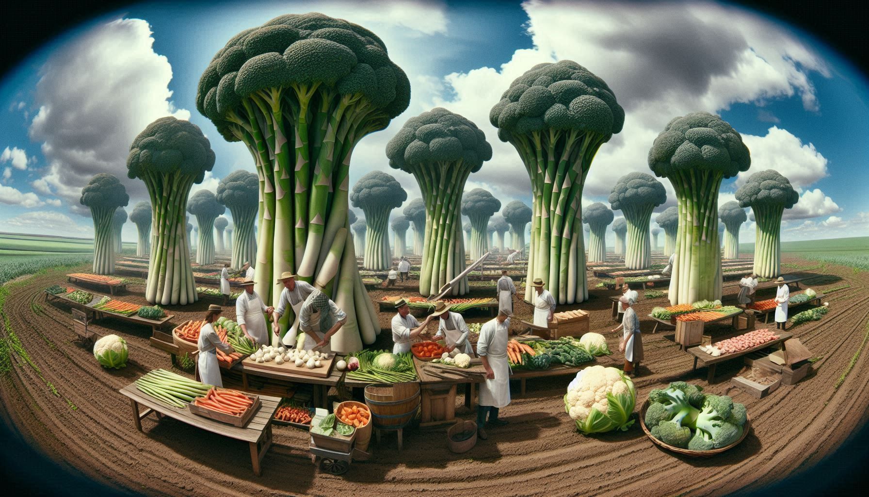 advertizement: "borometz farm grown meats" surreal distorted anamorphic lens effect, oblique angle, spin blur. orchard of giant vegetables.g...