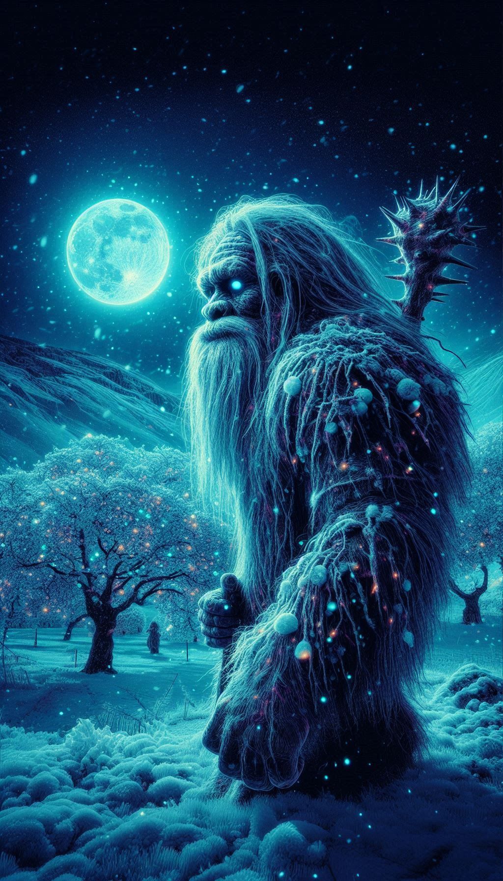 huge bald ice age man. strobe light effect, stroboscopic motion distortion, ultraviolet xray effect ultraviolet fluorescent glittering color...