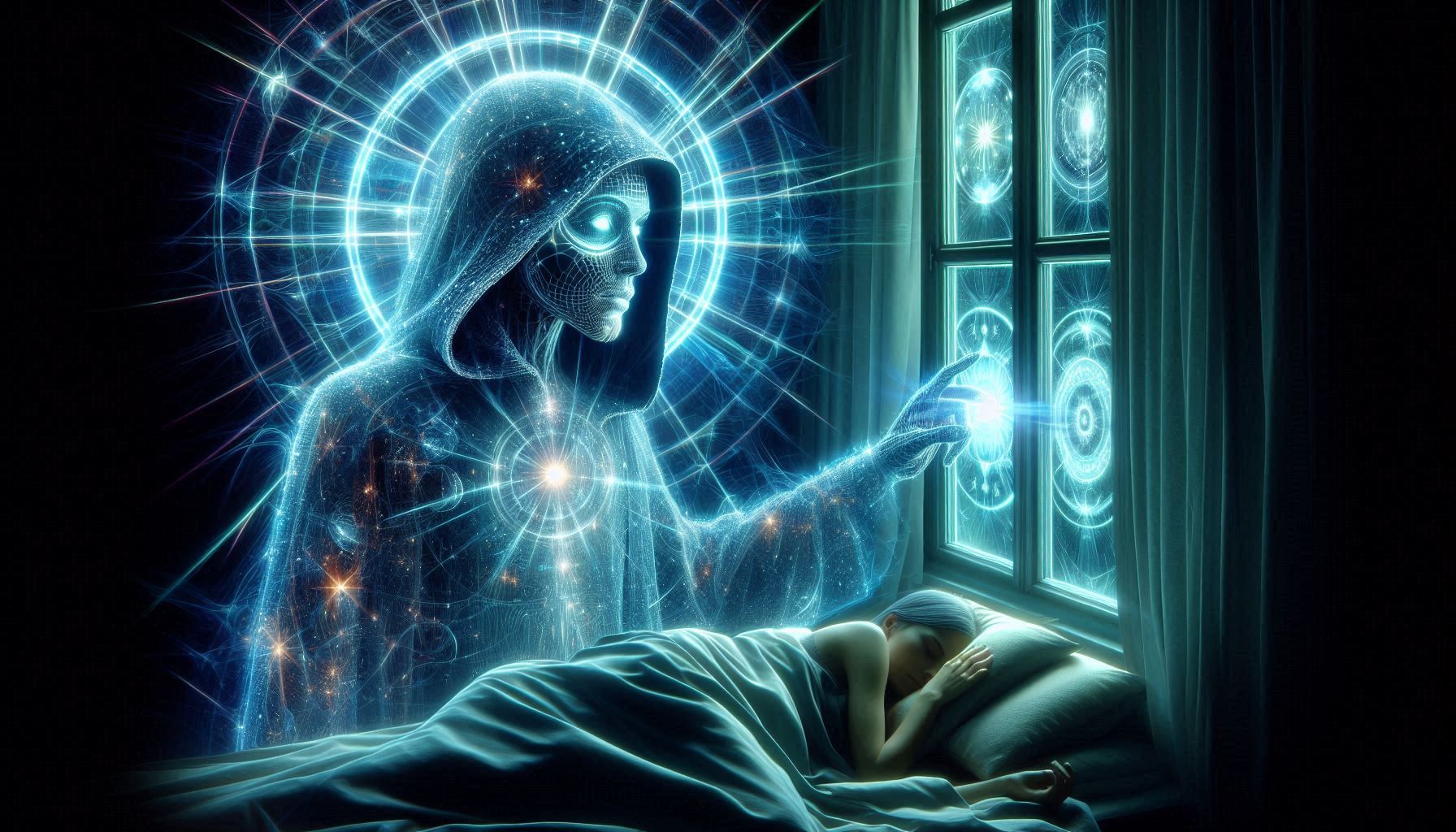 x-ray illusion, inverted highlights and shadows, transparency, distorted image barrel lens. hooded ambigously angelic or interdimentional, s...