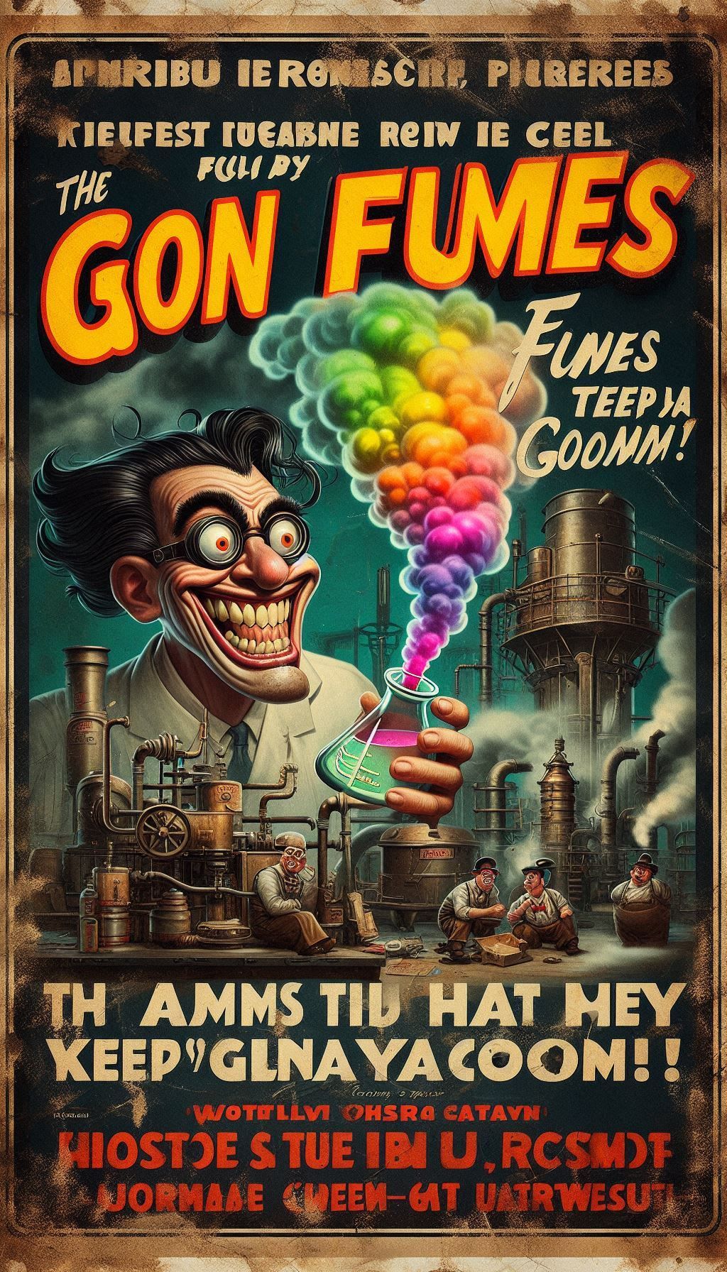 gritty industrial, faded advert "goon fumes" dieselpunk labeled potion with puffs of gas fumig from a bubbling beaker held by menacing mad s...