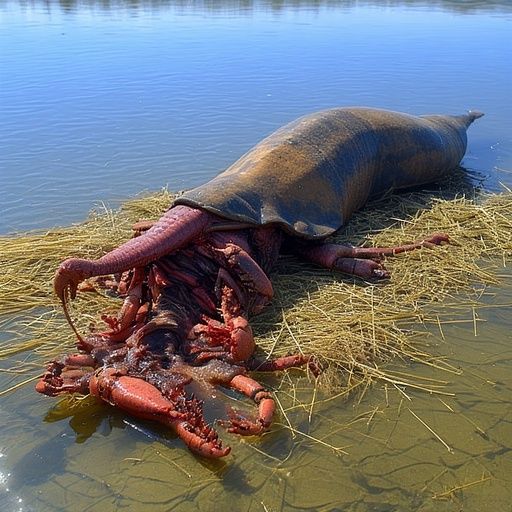 a crustacean monster slowly eating a human it has captured. grotesque creepy nightmare fuel . ice age frozen lake