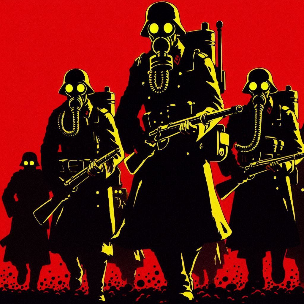 ralph bakshi animation cell rotoscoped orcs wearing gas masks and WWII uniforms slogging through the mud carrying steampunk rifles