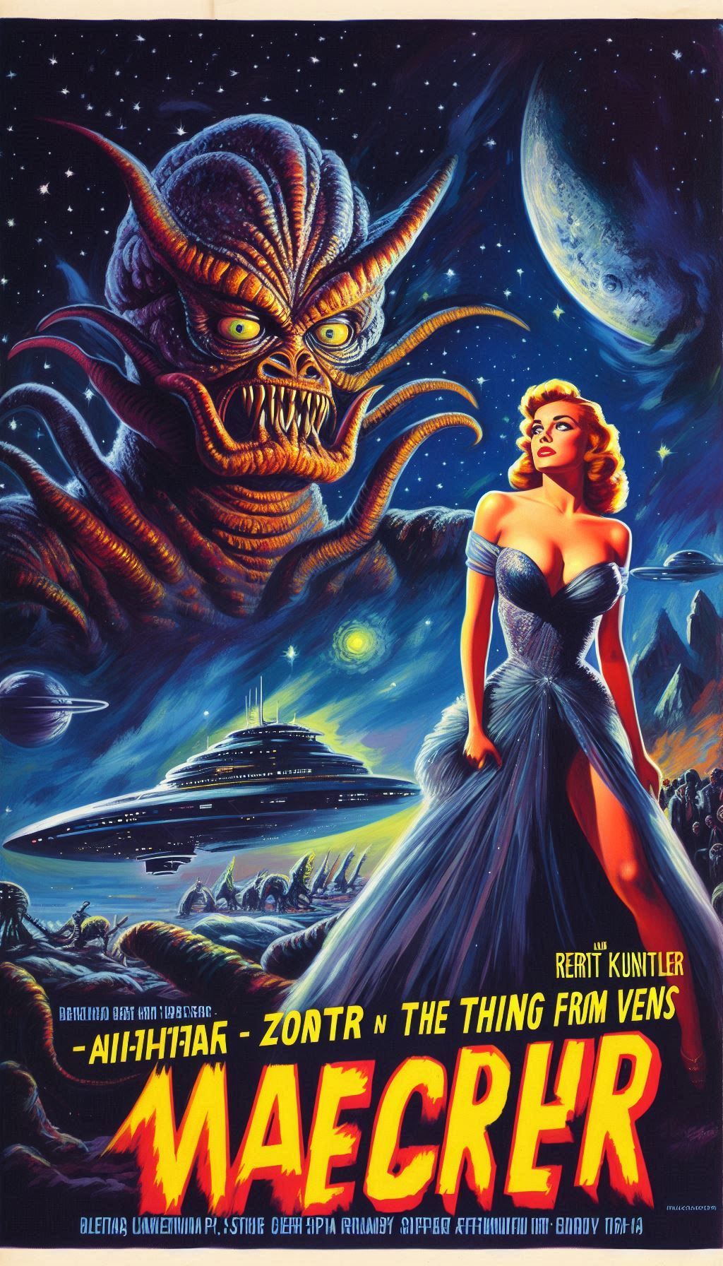 A retro-style movie poster for "Zontar and the Thing from Venus", set against a starry night sky with a low-flying spaceship in the backgrou...