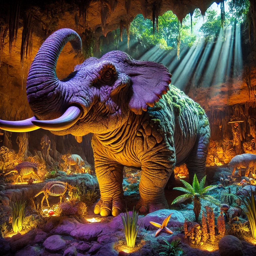 moon and sun prehistoric predator ambushing prey diorama illuminated by complementary colors from unseen floodlights , polarized light effec...