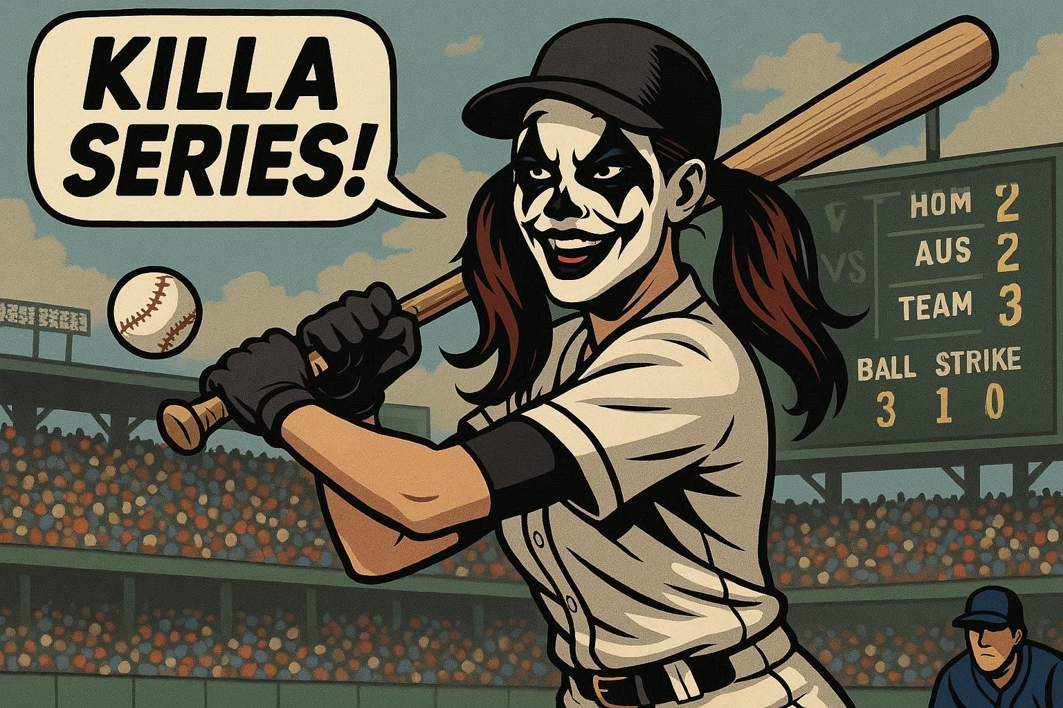 words, text, font caption bubble: "killa series!" a girl wearing black and white insane clown facepaint juggalette harley-quinesque and a ba...