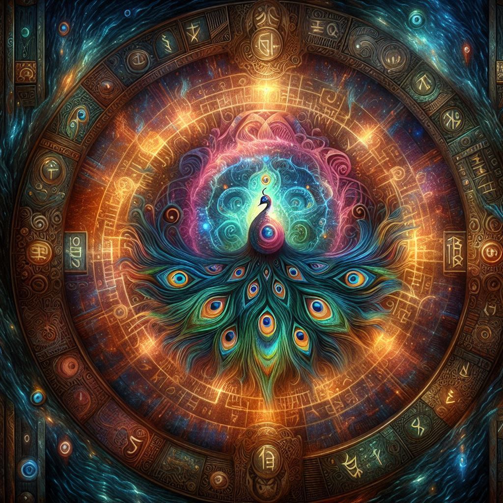 ancient temple relief and gargoyle, carved from ammolite  sparkling prismatic gem-fire, garden at night, strange surreal night birds, hieron...