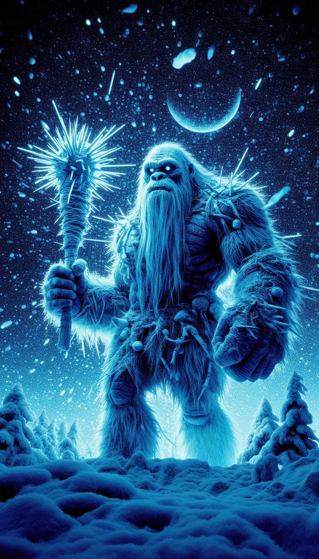 huge bald ice age man. strobe light effect, stroboscopic motion distortion, ultraviolet xray effect ultraviolet fluorescent glittering color...