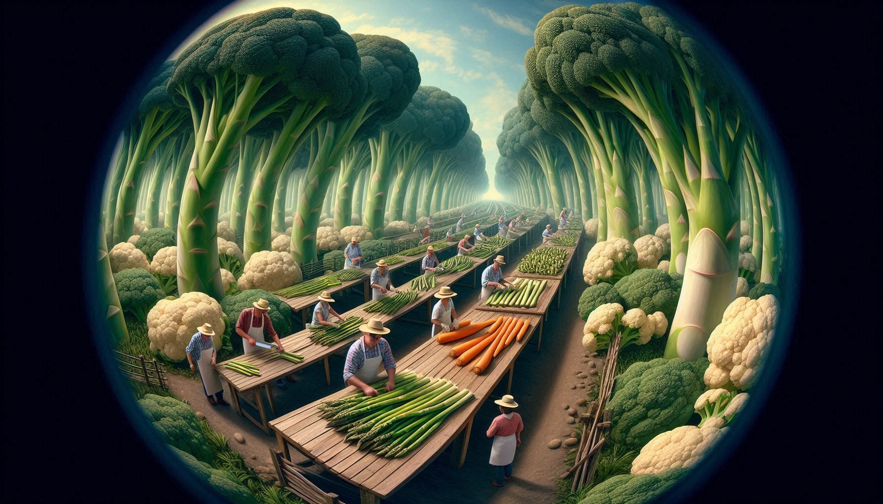 advertizement: "borometz farm grown meats" surreal distorted anamorphic lens effect, oblique angle, spin blur. orchard of giant vegetables.g...