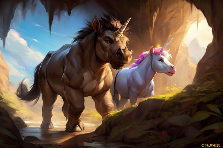 A dramatic battle scene set against the backdrop of an ancient, dimly lit cavern adorned with vivid prehistoricore cave drawings. In the for...