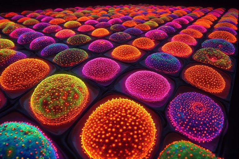 electron microscope scan rendered into fluorescent hologram..fanciful scenes of divine delights and demonic torment, hieronymus bosch styled...