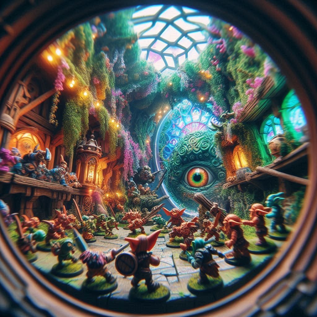 anamorphic lens effect, zoom blur, distorted warped funhouse mirror effect neon glow, a war between painted rpg figurines of goblins and dwa...