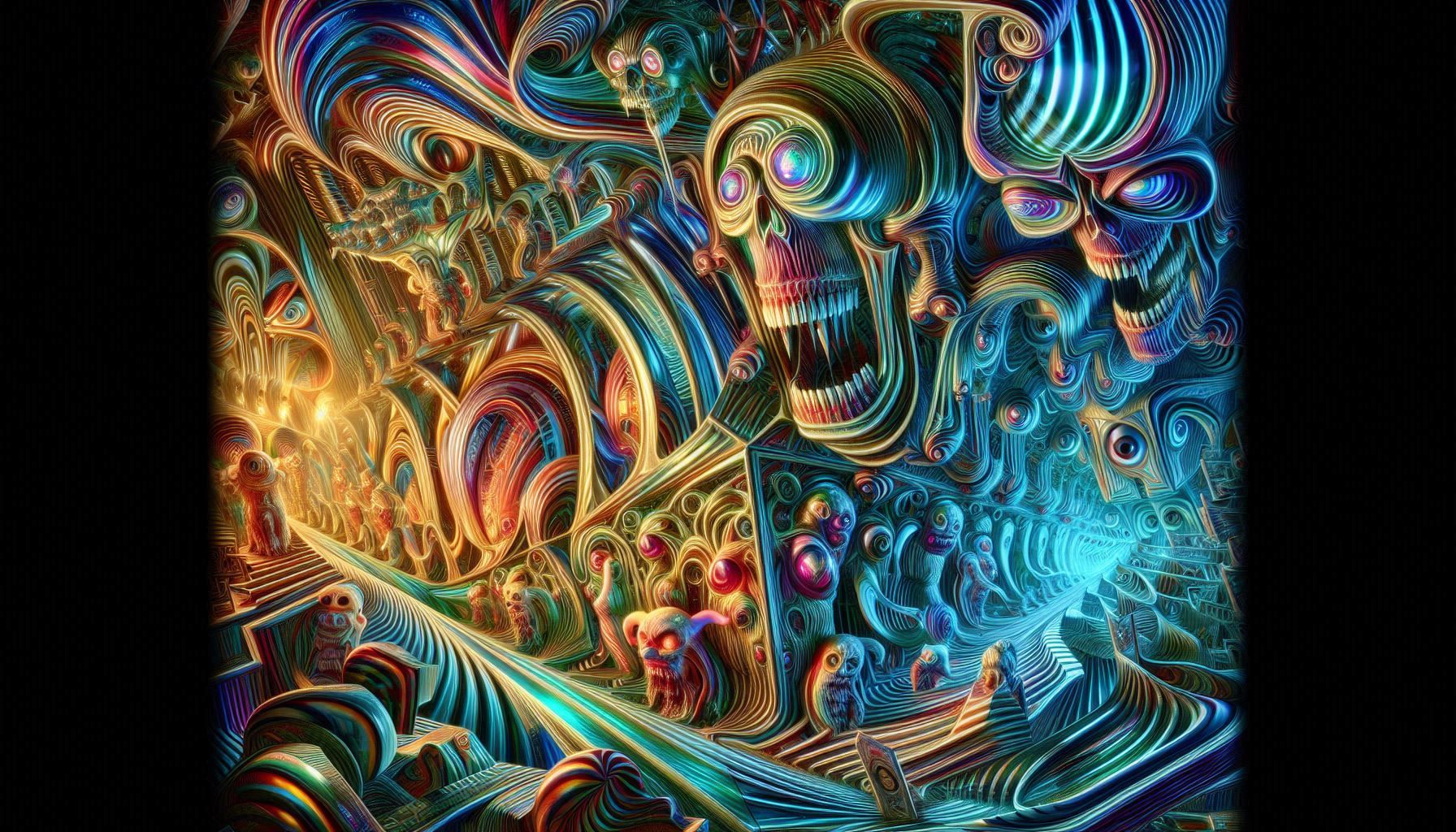 x-ray illusion, inverted highlights and shadows, transparency, distorted image prismatic antique vintage 1950s 3-d art refraction split colo...