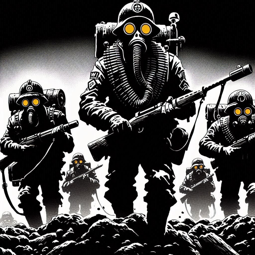 ralph bakshi animation cell rotoscoped orcs wearing gas masks and WWII uniforms slogging through the mud carrying steampunk rifles