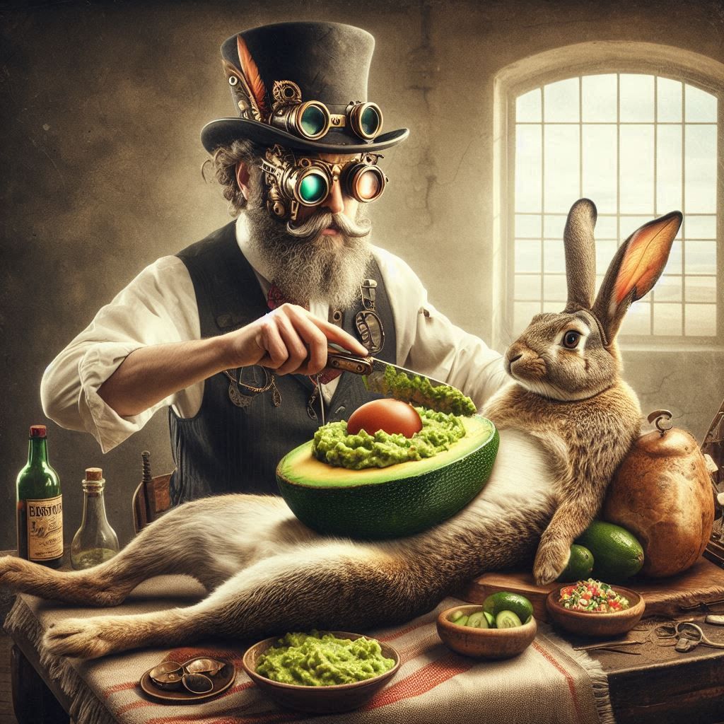 steampunk jules verne spreading guacamole on a reclining rabbit's belly with a breadknife