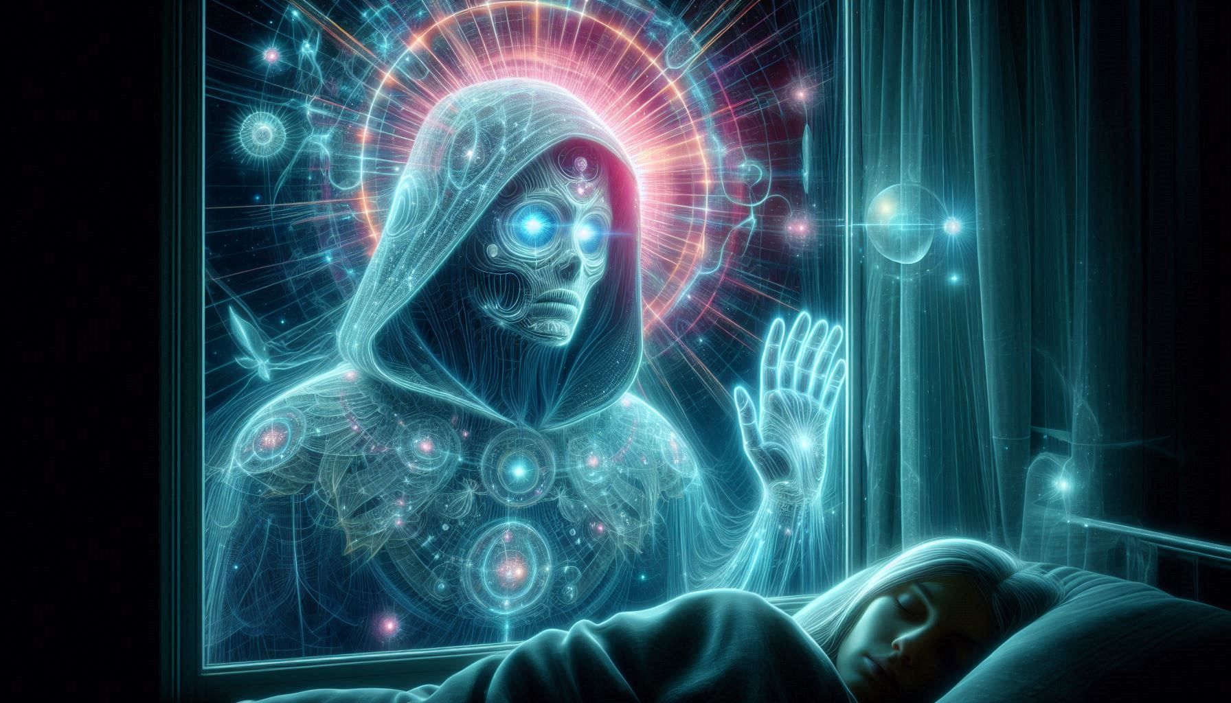 x-ray illusion, inverted highlights and shadows, transparency, distorted image barrel lens. hooded ambigously angelic or interdimentional, s...