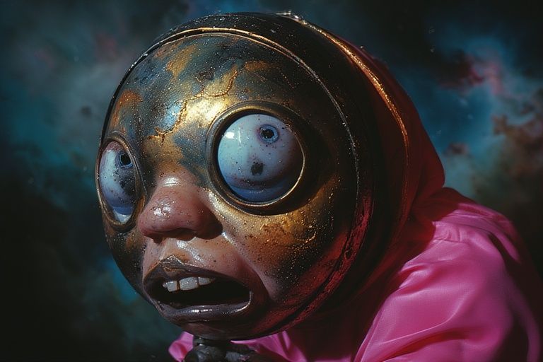 anamorphic lens effect, oblique angle, motion blur, funhouse mirrors. color photo negatives, inverted color, inverted shading, glowing ultra...