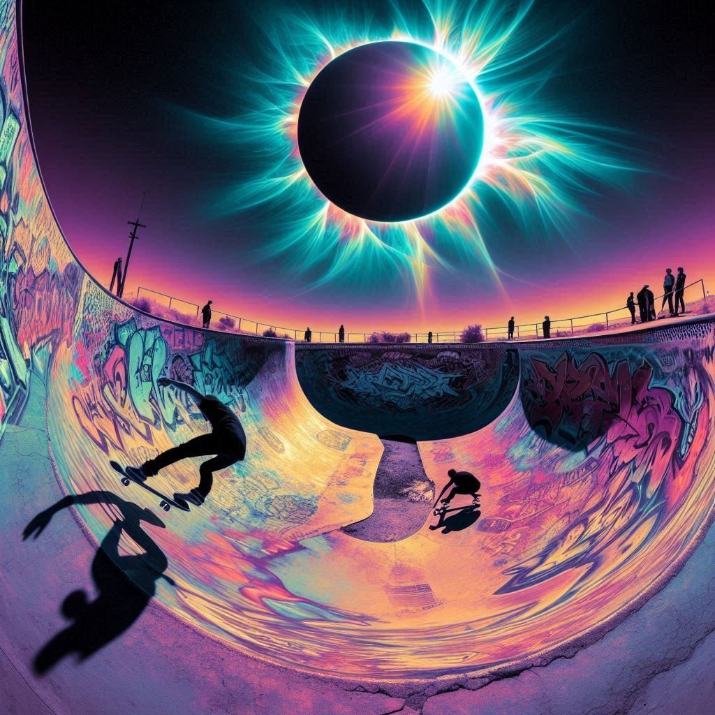 an urban vandal, subversive activist skating in a funky old ditch in the desert while a total solar eclipse looms surreal in the sky , anamo...