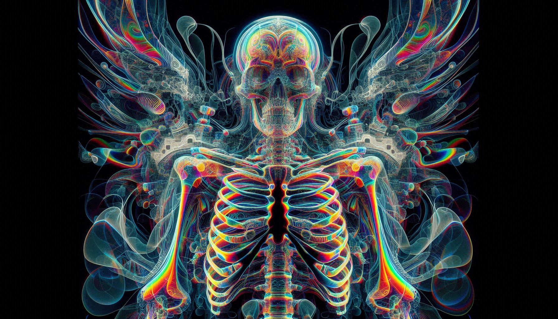 x-ray illusion, inverted highlights and shadows, transparency, distorted image prismatic antique vintage 1950s 3-d art refraction split colo...