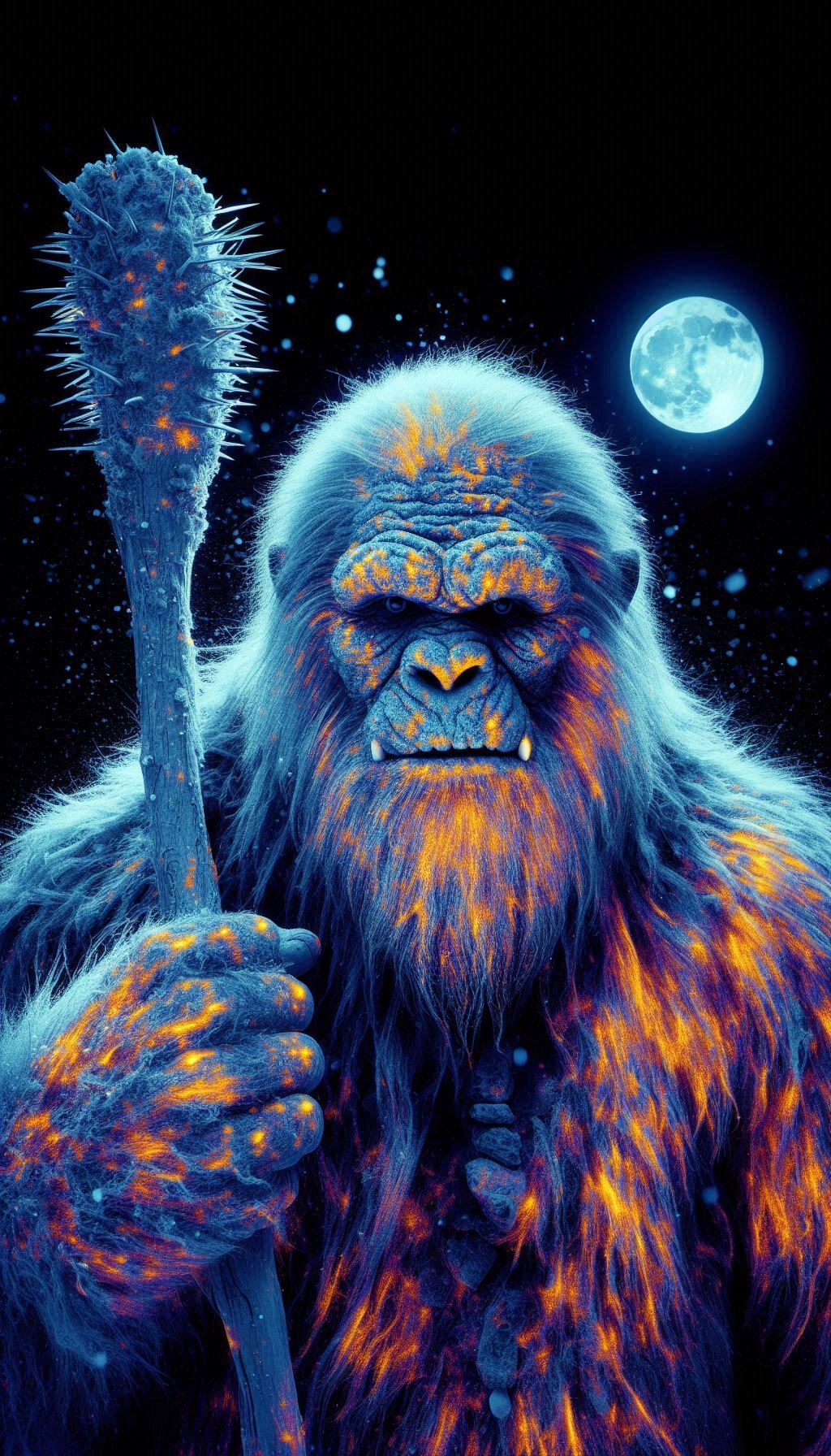 huge bald ice age man. strobe light effect, stroboscopic motion distortion, ultraviolet xray effect ultraviolet fluorescent glittering color...