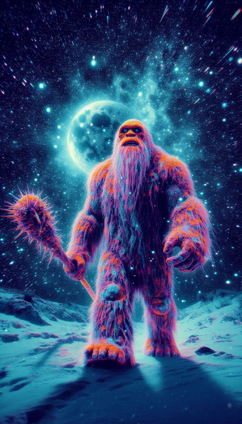 huge bald ice age man. strobe light effect, stroboscopic motion distortion, ultraviolet xray effect ultraviolet fluorescent glittering color...