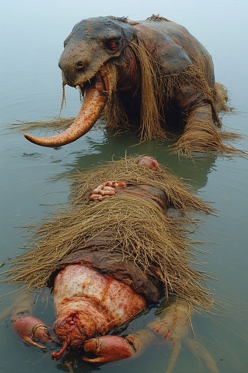 a crustacean monster slowly eating a human it has captured. grotesque creepy nightmare fuel . ice age frozen lake