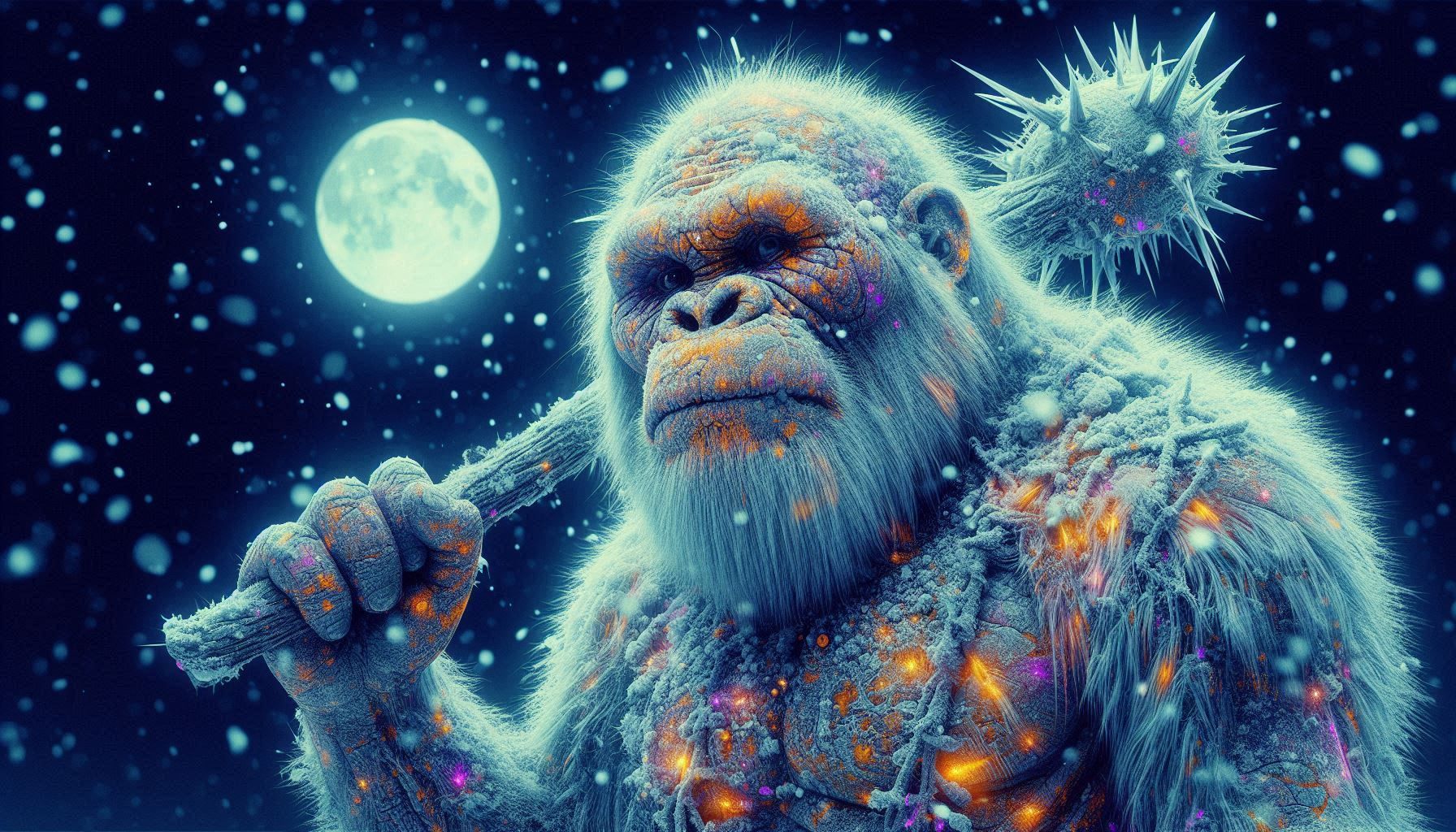 huge bald ice age man. strobe light effect, stroboscopic motion distortion, ultraviolet xray effect ultraviolet fluorescent glittering color...