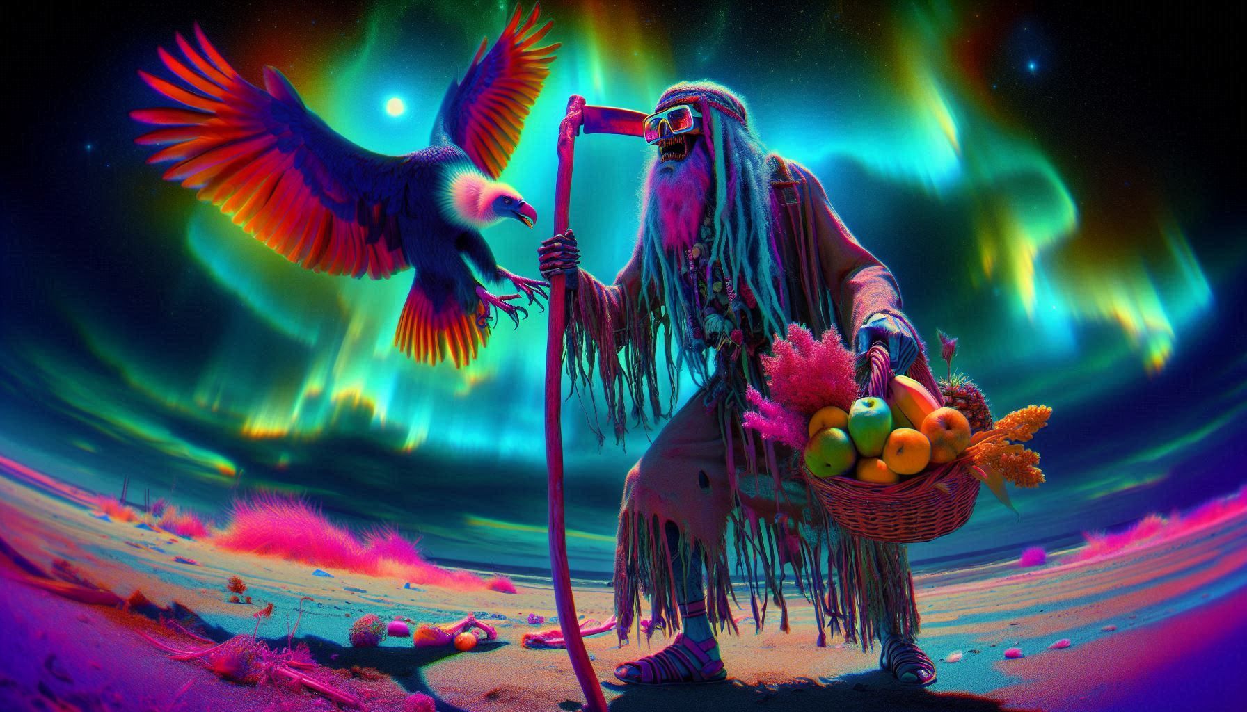 anamorphic lens effect, oblique angle, motion blur, color photo negatives, inverted color, inverted shading, glowing ultraviolet, polarized ...