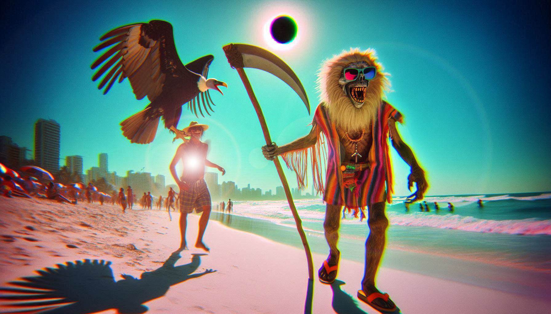 anamorphic lens effect, oblique angle, motion blur,  color photo negatives, inverted color, inverted shading, glowing ultraviolet, polarized...