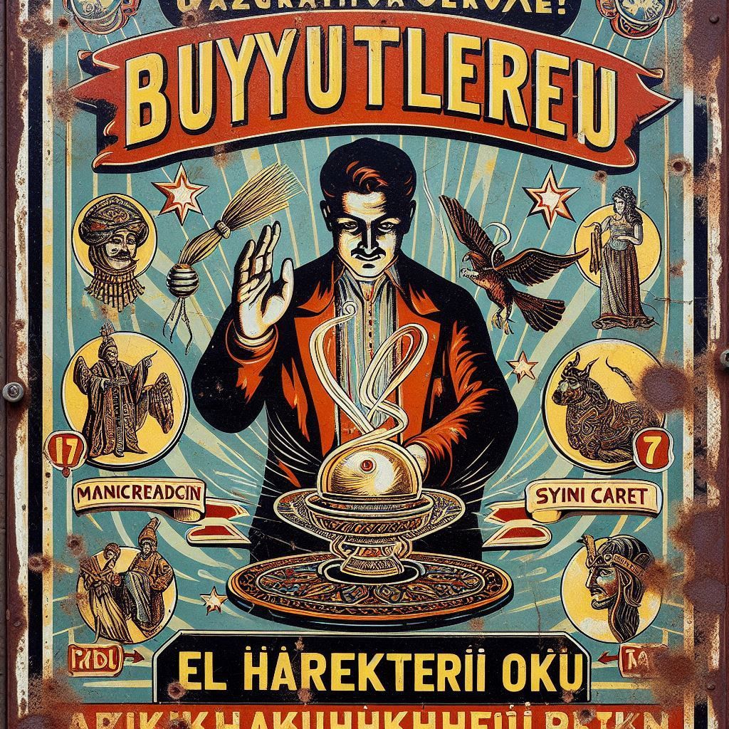 "büyülü el hareketleri okulu" 1950s vintage turkish enamel sign art, sun bleached, rusted, bullet holes, turkish folk art dervish, hypnotist...